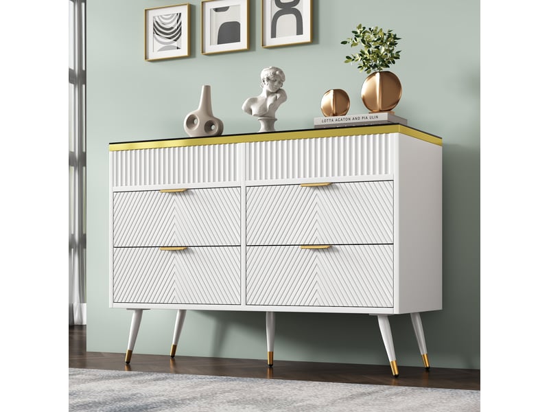 Commode avec 6 tiroirs et séparateurs amovibles, dispositif anti-basculement, pour chambre, blanc, 120×40×76 cm - Conforama D