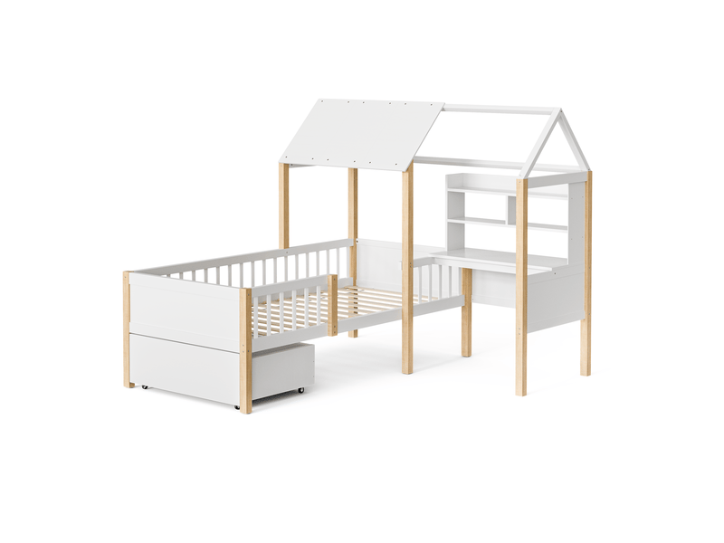  Lit cabane enfant 90 × 200 cm, blanc, bois massif, garde-corps, bureau en l, bibliothèque, tiroirs sur roulettes, sommier à lattes  - Conforama A