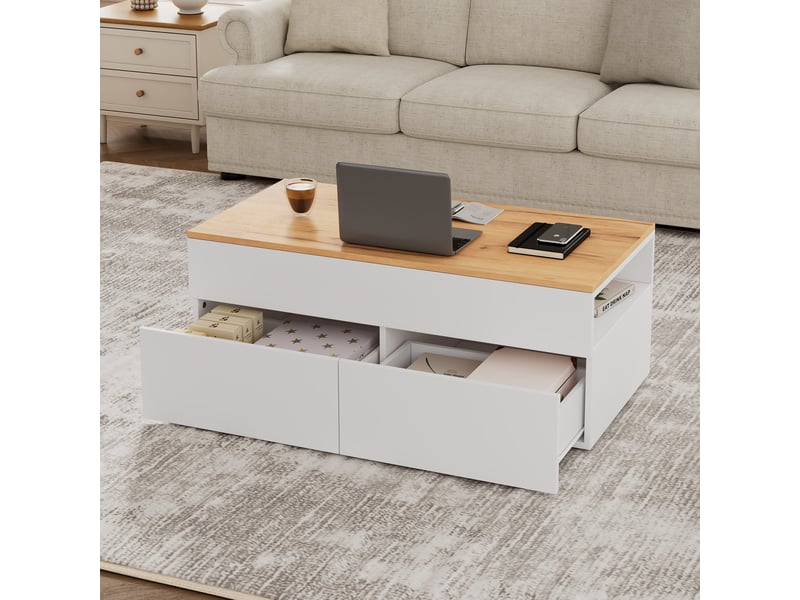  Table basse relevable 100x50 cm avec rangement caché, 2 tiroirs, bois et blanc  - Conforama D