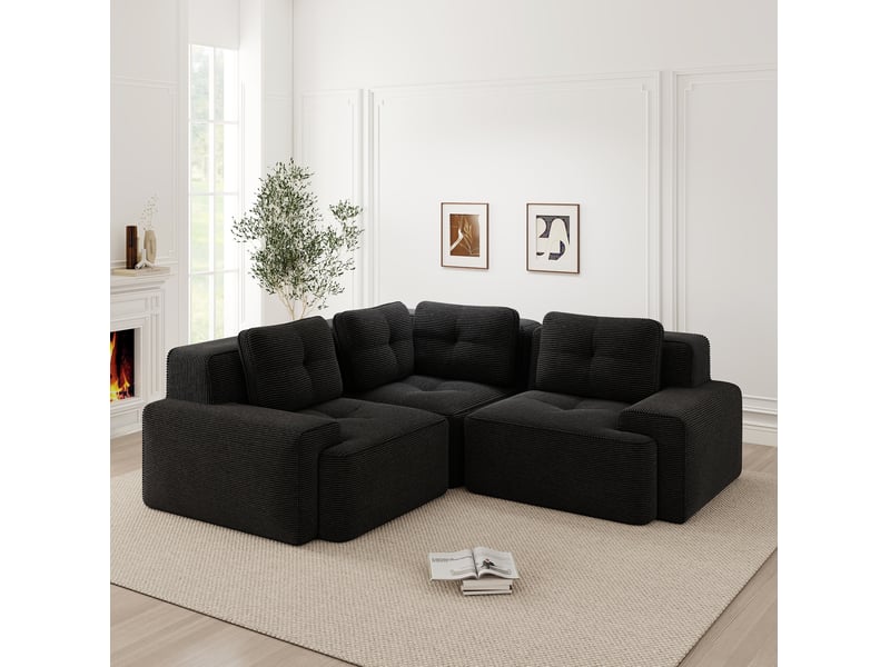  Canapé d’angle modulable 3 places en velours côtelé noir 206x206 cm  - Conforama D