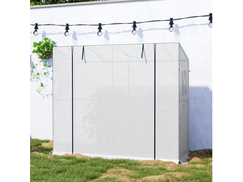  Serre adossée 200 x 76 x 170150 cm, en acier, blanche, avec porte enroulable et 2 fenêtres, protection uv  - Conforama E