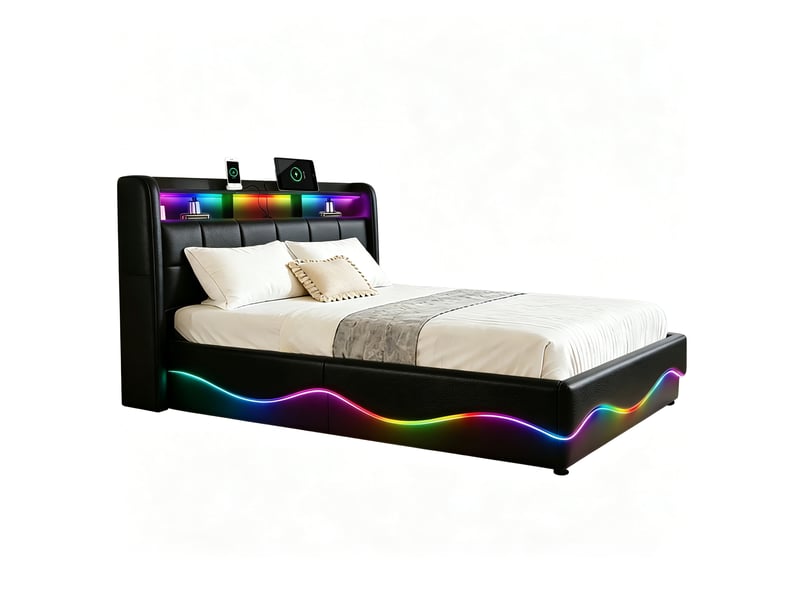  Lit coffre 160x200 cm noir avec rangement, led, ports usb+type-c sans matelas EBD854Q-BK - Conforama A