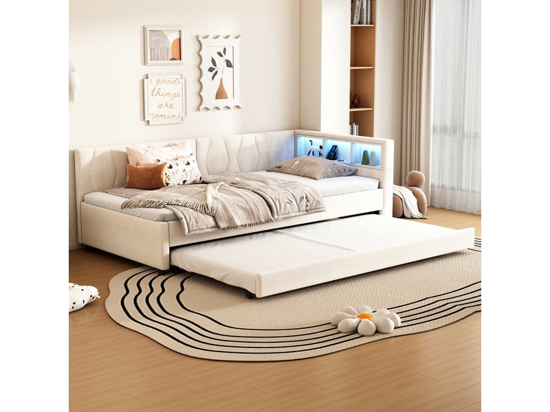 Lit banquette beige 90x200 cm, lit gigogne, led, usb-c et rangement intégré - Conforama B