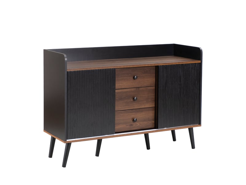  Buffet 117,5x40x80 cm noir et bois, mdf et panneaux de particules, 2 portes coulissantes et 3 tiroirs  - Conforama D