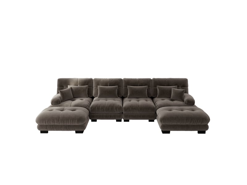Canapé modulable panoramique 4 places en chenille marron avec ottomans mobiles - Conforama A