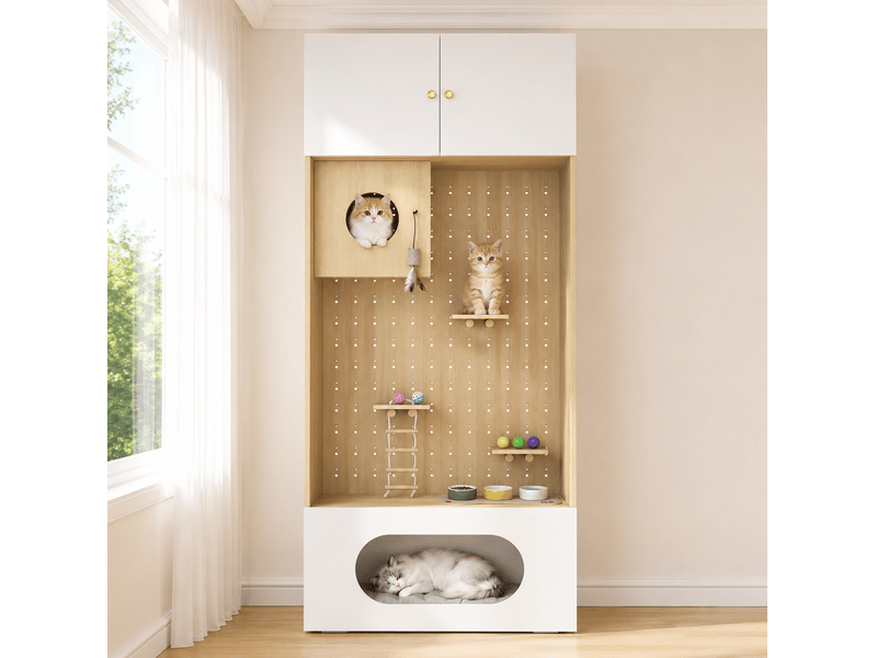  Armoire félin multifonction 90x50x202 cm blanc et effet bois avec rangement  - Conforama D
