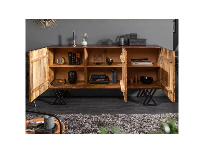 Buffet gaïa 160 cm en bois de manguier massif – 3 portes sculptées et pieds métal noir - Conforama E