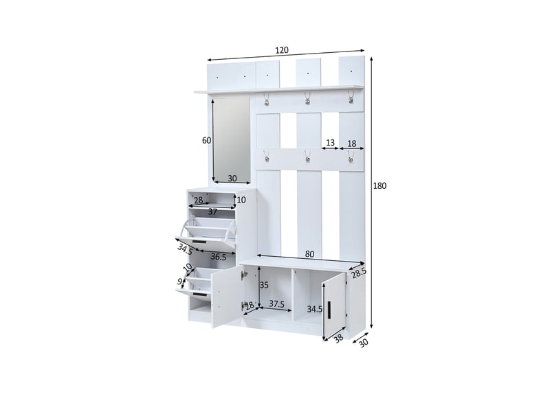 Vestiaire d'entrée complet, porte-manteau avec meuble à chaussures et miroir intégré, avec 6 patères et étagères de rangement, blanc - Conforama E