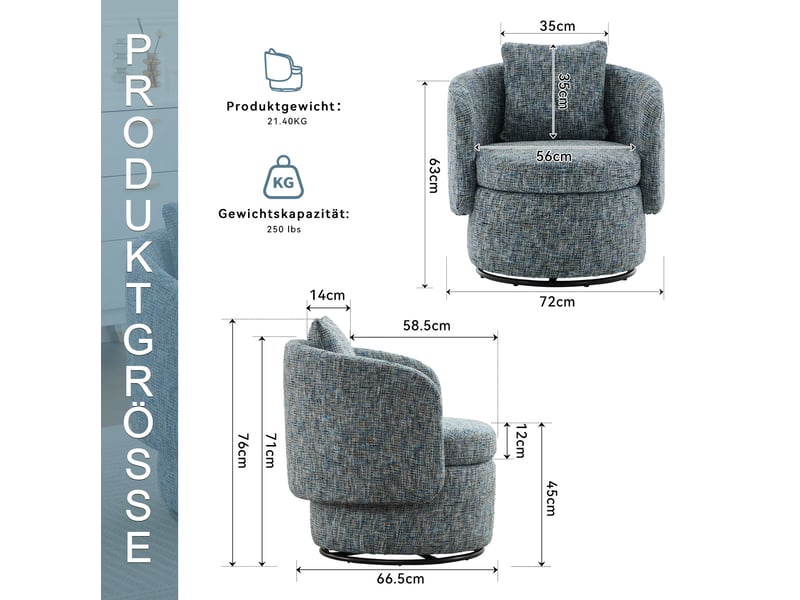 Fauteuil pivotant à 360 degrés avec rangement caché et coussin de dossier, en chenille bleu, 72 × 66,5 × 76 cm  - Conforama D