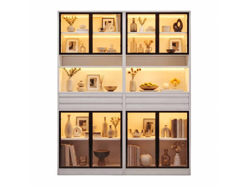 Lot de 2 vitrines led pilotées par application - lpospi - 8 portes vitrées, 2 tiroirs mdf blanc 160 × 35 × 200 cm - Conforama A