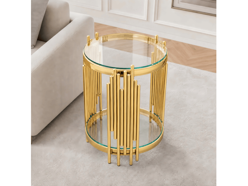  Table d’appoint ronde 45x45x55 cm avec deux niveaux, structure et pieds en acier inoxydable et transparent, design moderne  - Conforama E