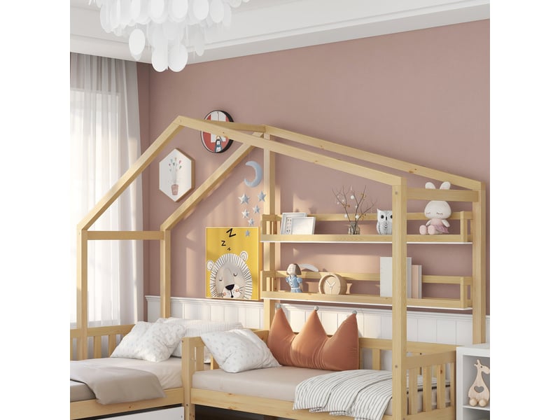  Lit maison enfant 90x200 cm + 140x70 cm en bois massif naturel, structure l, tiroirs et étagères  - Conforama E