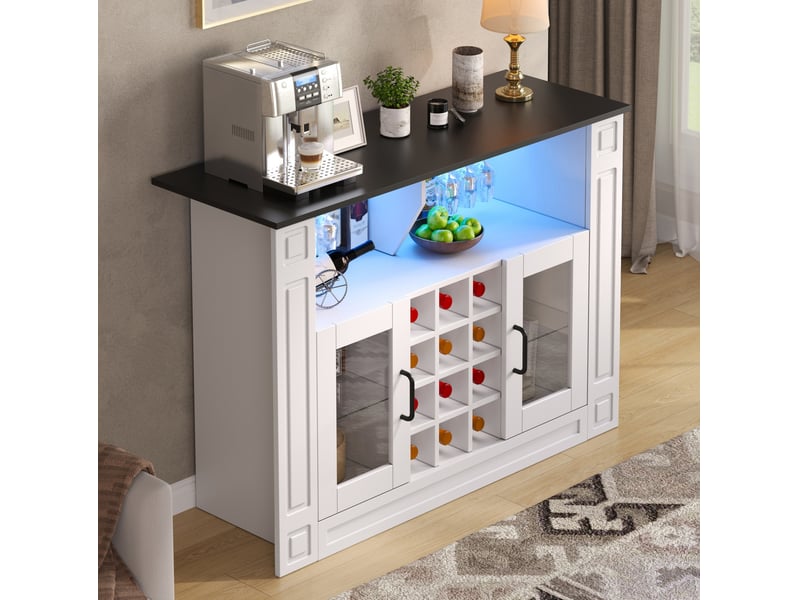  Buffet de cuisine 120x35x84 cm avec led rgb, porte-verres et casier 12 bouteilles blanc  - Conforama E