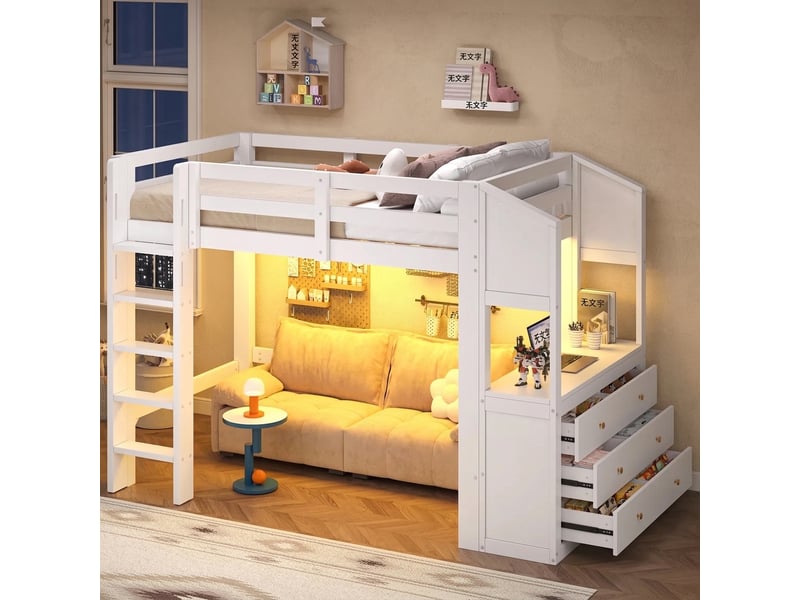Lit mezzanine 90x200 avec 3 tiroirs et étagères, éclairage led, bois massif, blanc - Conforama B
