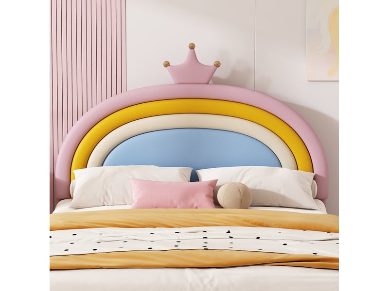  Lit enfant 140x200 cm avec tiroir, tête de lit arc-en-ciel réglable, revêtement pu rose, sans matelas  - Conforama E