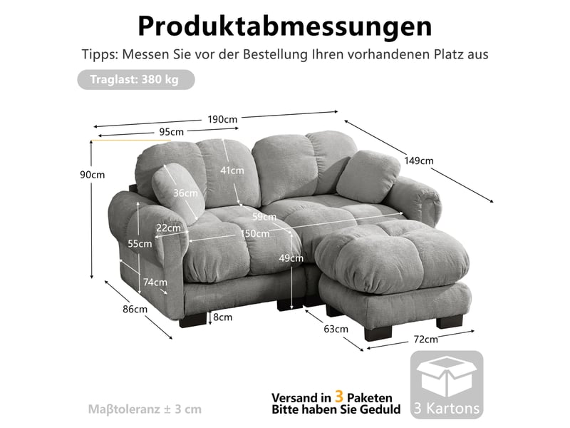 Canapé d'angle modulaire 2 places en tissu gris clair, avec ottomane mobile et coussins épais pour le salon - Conforama C