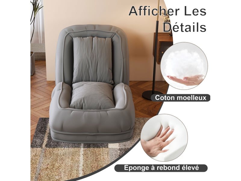  Canapé-lit pliable convertible 80x22x87 cm, avec 5 positions réglables, ergonomique, structure en métal, couleur gris  - Conforama E