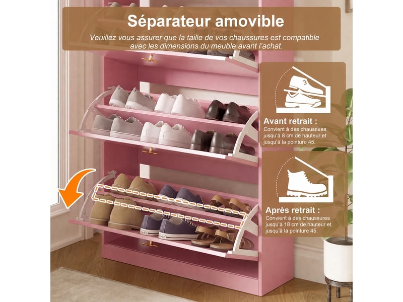  Meuble à chaussures étroit, 80x24x178,5 cm, 3 abattants, 2 niches, panneau perforé Fay Lum - Conforama D