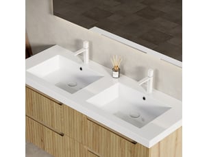 Vasque double à poser en résine blanche, deux cuves ergonomiques et bords arrondis pour salle de bain 120 × 46 × 5 cm