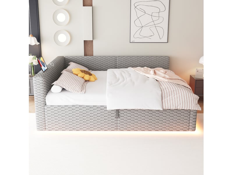  Lit double 140x200 cm avec coffre hydraulique, led, usb, type-c et velours gris  - Conforama E