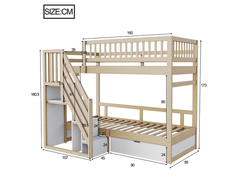  Lit superposé tcqpz 90 x 200 cm avec sommier, échelle de sécurité avec rangements, tiroirs, bois naturel  - Conforama C