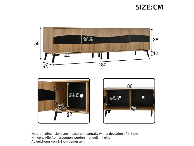  Lowboard tv 180 x 40 x 50 cm – bois naturel et noir – 4 portes, grand rangement pour téléviseur 75 pouces  - Conforama C