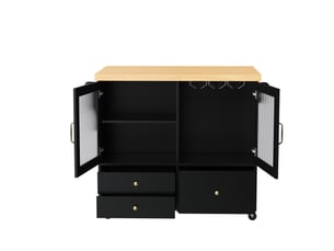 Îlot de cuisine sur roulettes noir avec table à manger extensible, chariot de cuisine avec support pour verres à vin et rangement