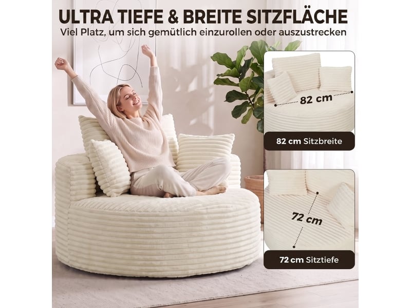  Fauteuil rond fixe 1 place en velours côtelé beige avec 4 coussins, confort profond pour votre coin lecture  - Conforama E