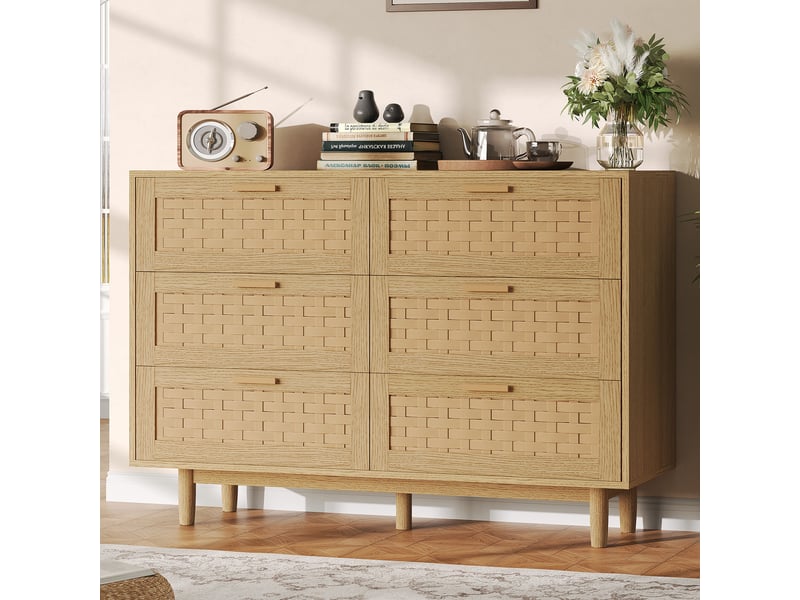 Commode en rotin et bois avec 6 tiroirs,buffet, meuble de rangement,couleur chêne,chambres, mdf,115 x 40 x 80 cm - Conforama B