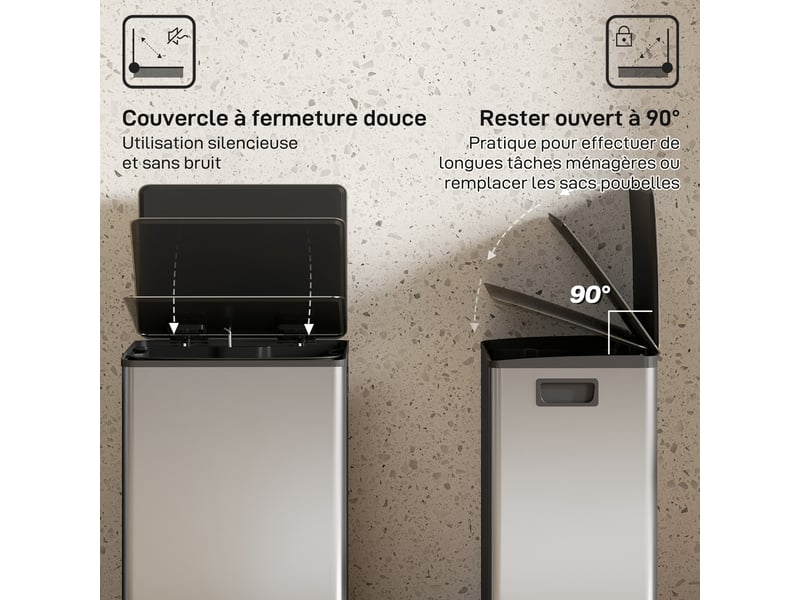  Poubelle de cuisine à pédale 50l en acier inoxydable argent 41,7x36,6x62 cm  - Conforama E