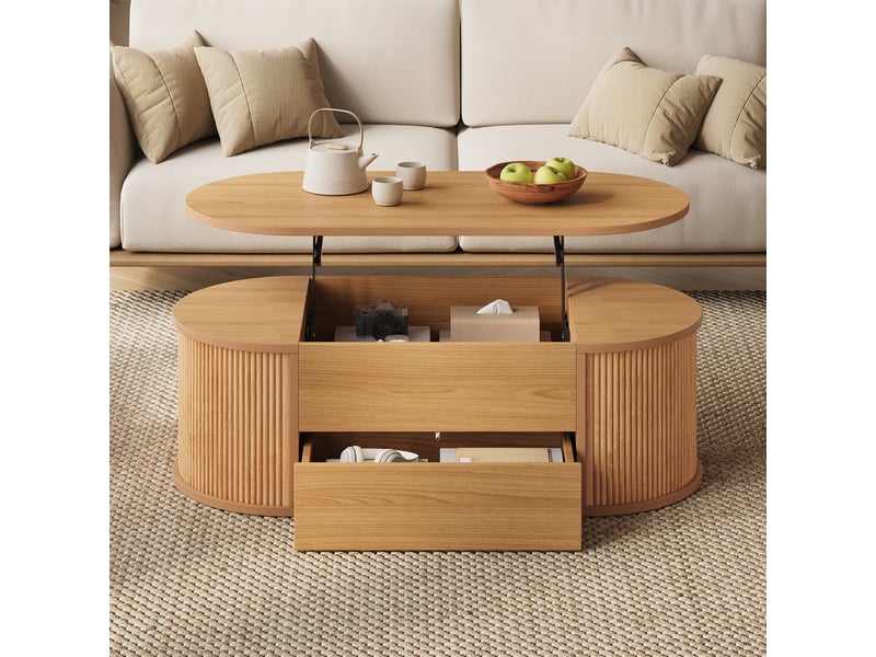  Table basse ovale 100 cm avec rangements, plateau relevable, 1 tiroir à pression, coffre intégré, mdf et panneaux de particules, décor bois clair Luxe haut de gamme - Conforama D