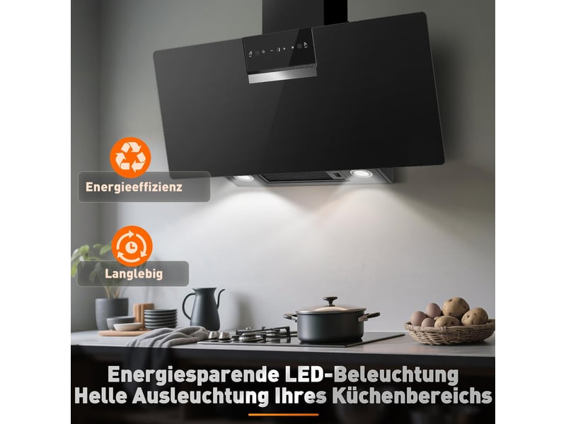 Hotte aspirante 90 cm noire en verre trempé, débit d’air 800 m³h, commande tactile et gestuelle, 3 vitesses avec booster - Conforama E