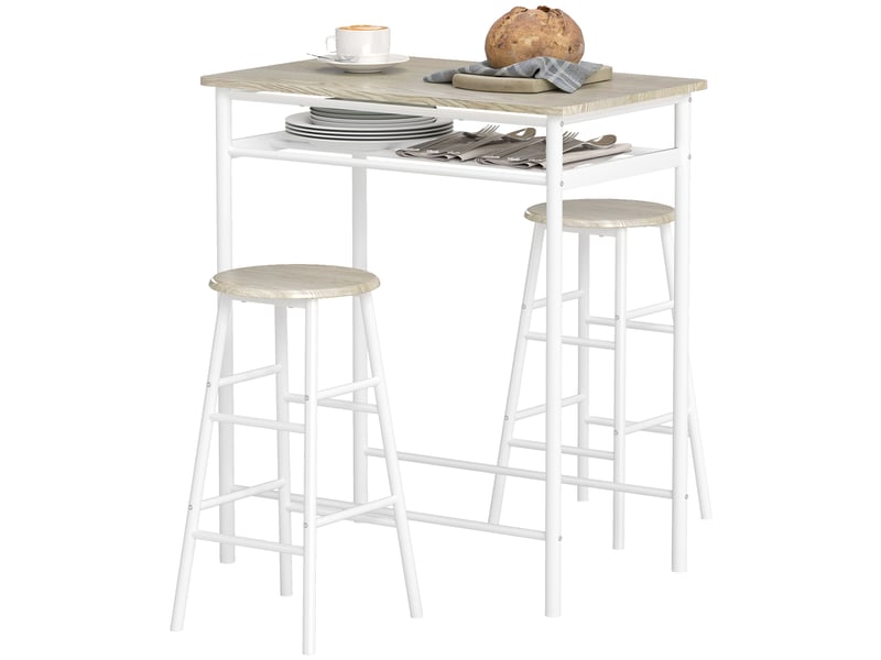  Ensemble table de bar avec tabourets, table à manger debout avec 2 chaises, étagère et pieds  - Conforama A