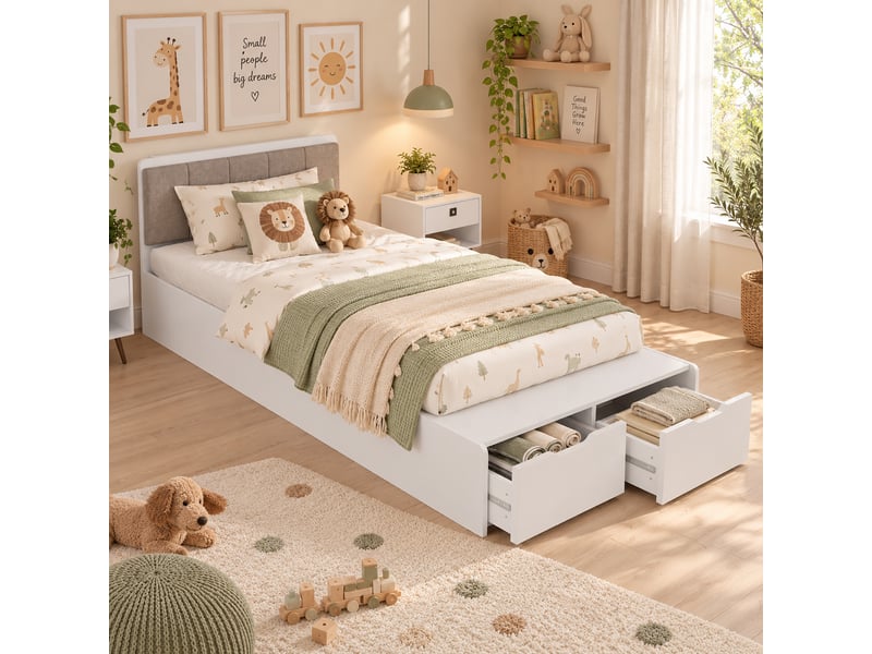  Lit simple enfant et adolescent 90x200cm avec tête de lit rembourrée, banquette au pied et 2 tiroirs de rangement, bois et tissu, blanc evarich - Conforama E