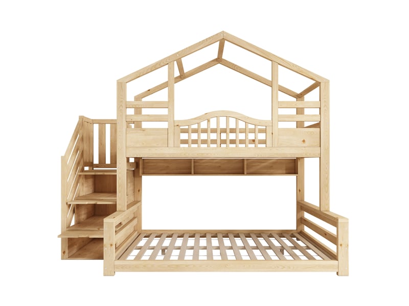  Lit superposé 90x200cm+140x200cm design moderne avec escalier armoire rangements pin couleur bois clair sans matelas  - Conforama D