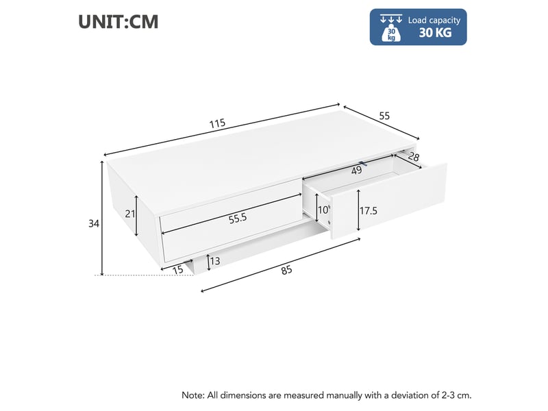  Table basse moderne laquée blanche brillante, 115 x 55 x 34 cm, avec 2 tiroirs, éclairage led et capacité de charge de 30 kg – élégante table de salon  - Conforama C