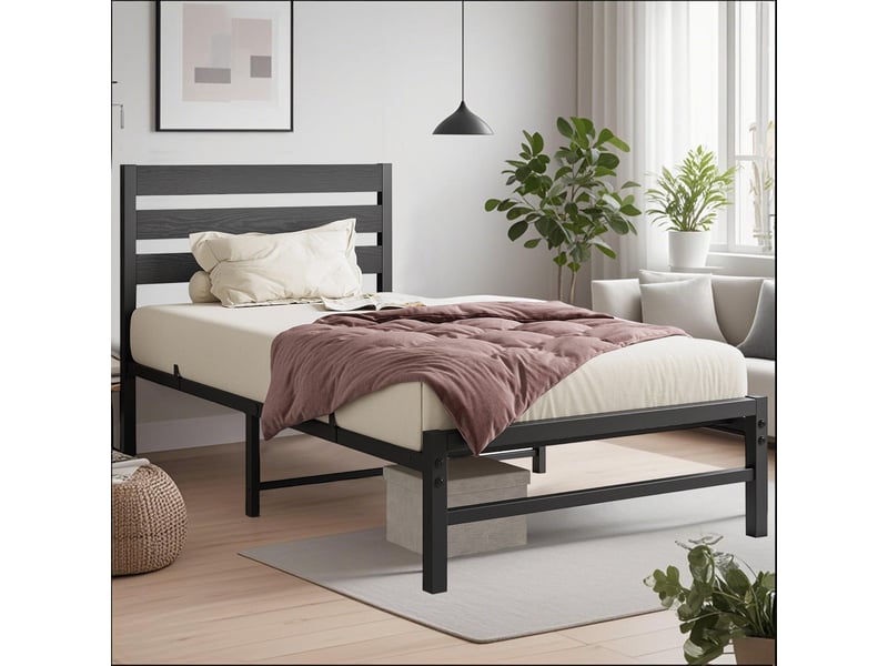  Tcqpz lit adulte 90x200 cm en métal noir avec tête de lit mdf  - Conforama D