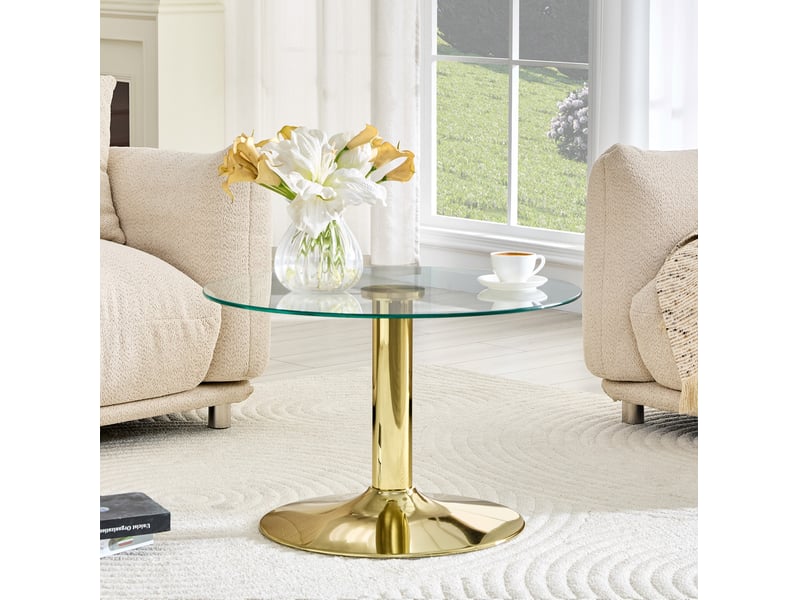  Table basse ronde en verre trempé 70 cm, pied central en métal doré, hauteur 45 cm  - Conforama E