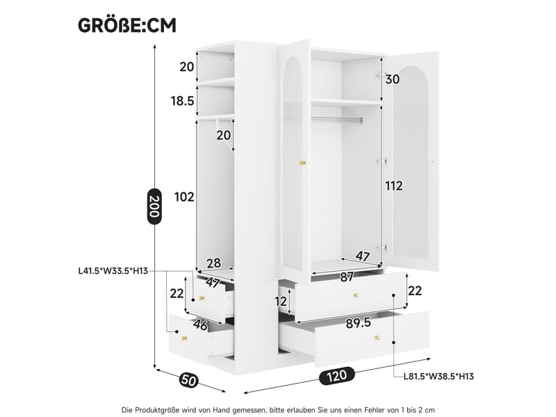  Armoire 120x50x200 cm, 4 tiroirs et 2 portes vitrées, mdf blanc, meuble de rangement chambre, vêtements et accessoires  - Conforama C