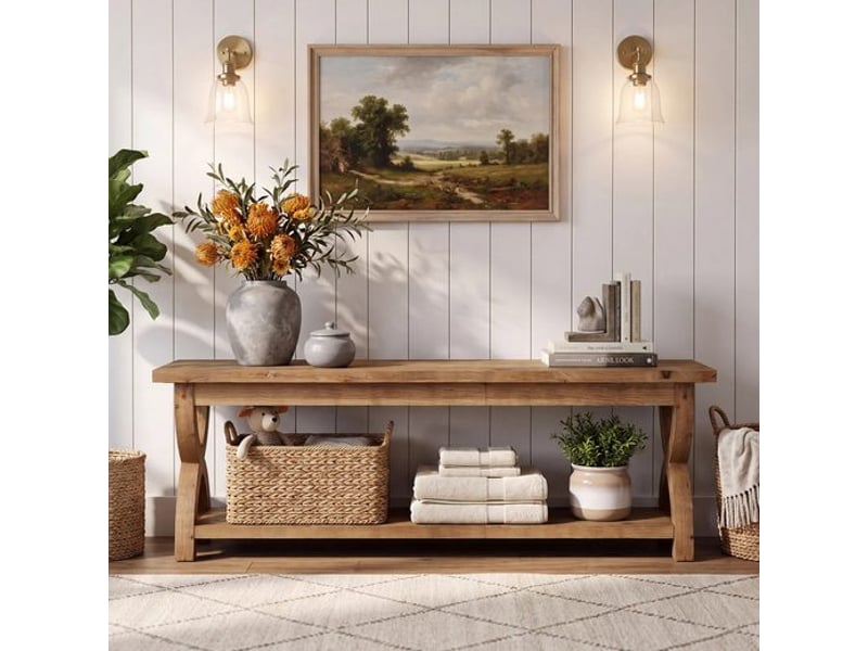  Banc de rangement pour chaussures en bois massif avec étagère à deux niveaux, banc d'entrée rustique avec rangement pour couloir, vestibule ou chambre ; banc long avec rangement pour cuisine et salon  - Conforama D