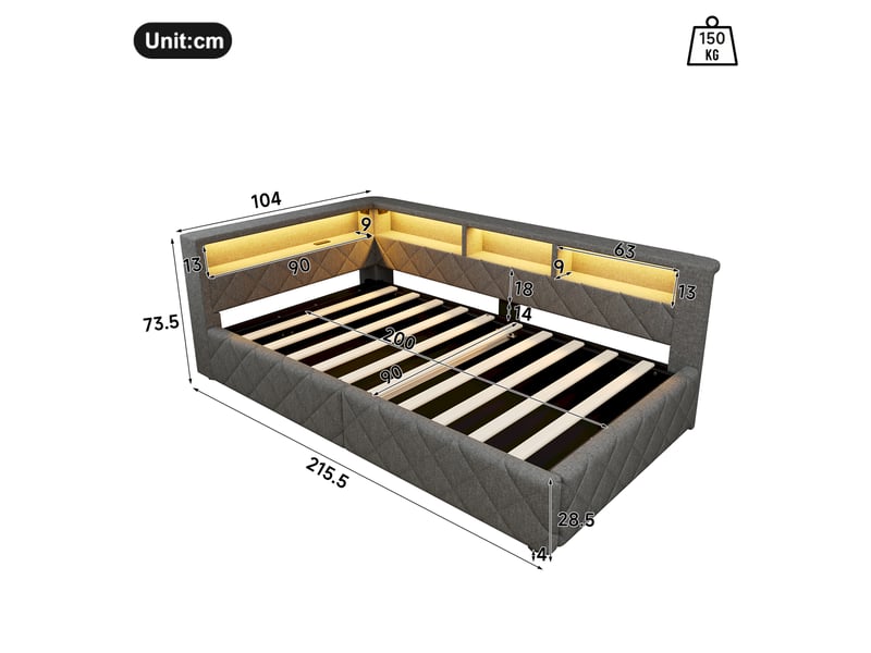  Lit enfant 90x200 cm avec rangement hydraulique, led et usb, lit coffre en lin avec tête de lit capitonnée et étagère - gris (sans matelas)  - Conforama E