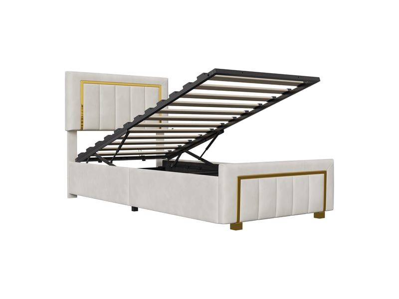  Lit coffre 90x200cm - lit simple 90x200 - avec tête en velours, bordures dorées, style moderne chic - blanc crème  - Conforama A