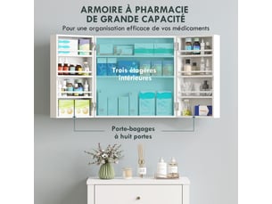 Armoire à pharmacie murale, armoire à médicaments avec double porte verrouillable 2 clés, blanc, 53x20x53cm