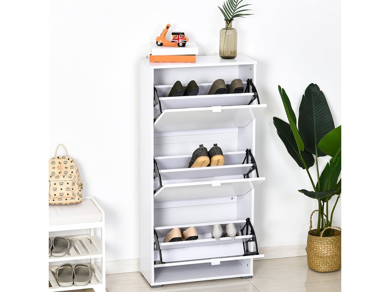  Meuble à chaussures armoire à chaussures 3 portes abattantes 3 compartiments en bois 60l x 26i x 124h cm blanc laqué  - Conforama C