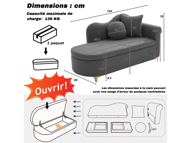  Méridienne avec coffre de rangement, coussins lombaire et nuque, dossier ondulé, tissu effet mouton gris antique  - Conforama D