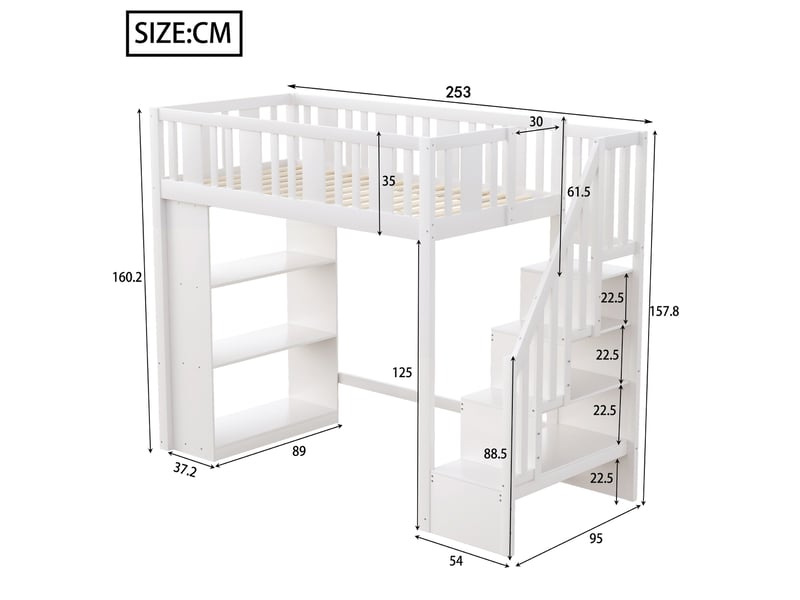  Lit mezzanine blanc 90x200cm avec escalier rangement, bureau, 15 lattes, gain de place, pratique - bois massif - pour enfant ado  - Conforama E