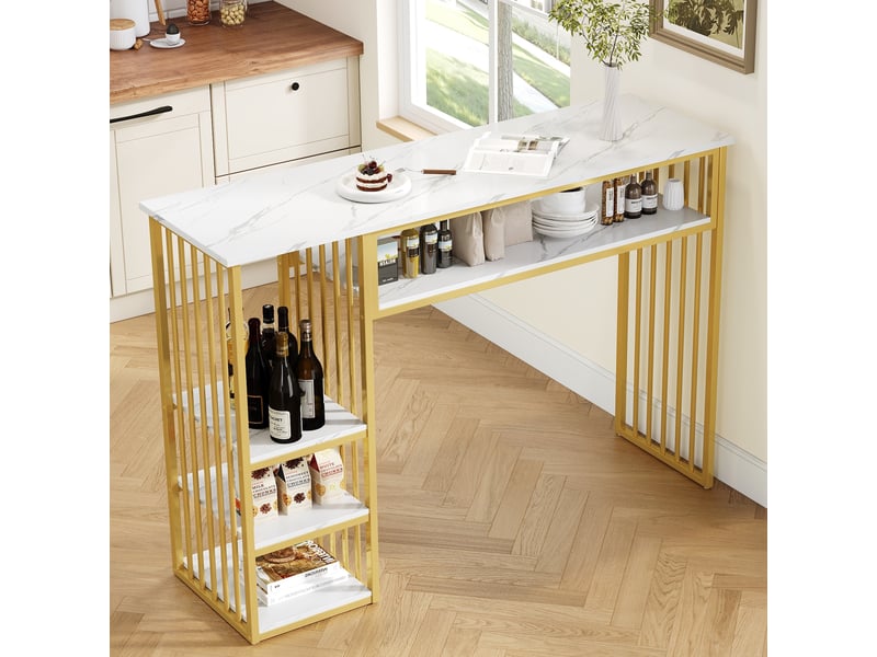 Table de bar - 140x40x105 cm - mange-debout avec étagères de rangement - blanc marbré et dore  - Conforama C