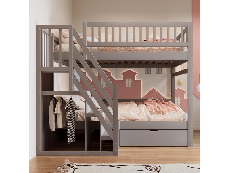  Lit superposé enfant 140x200 cm avec rangements et sommiers à lattes, gris  - Conforama D