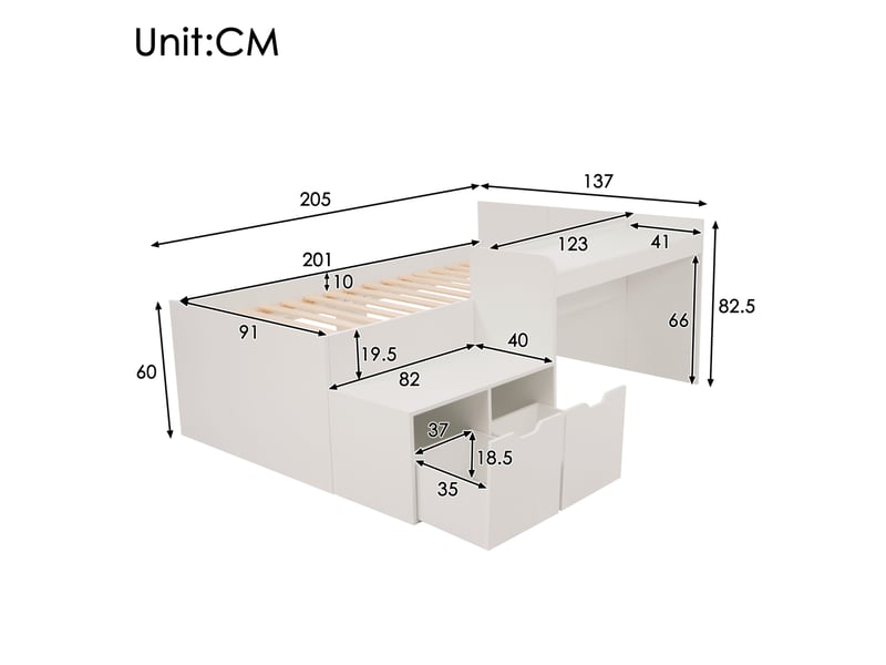 Lit simple enfant 90x200 cm – blanc – bureau intégré, 2 tiroirs et rangement sous le lit – sans matelas - Conforama C