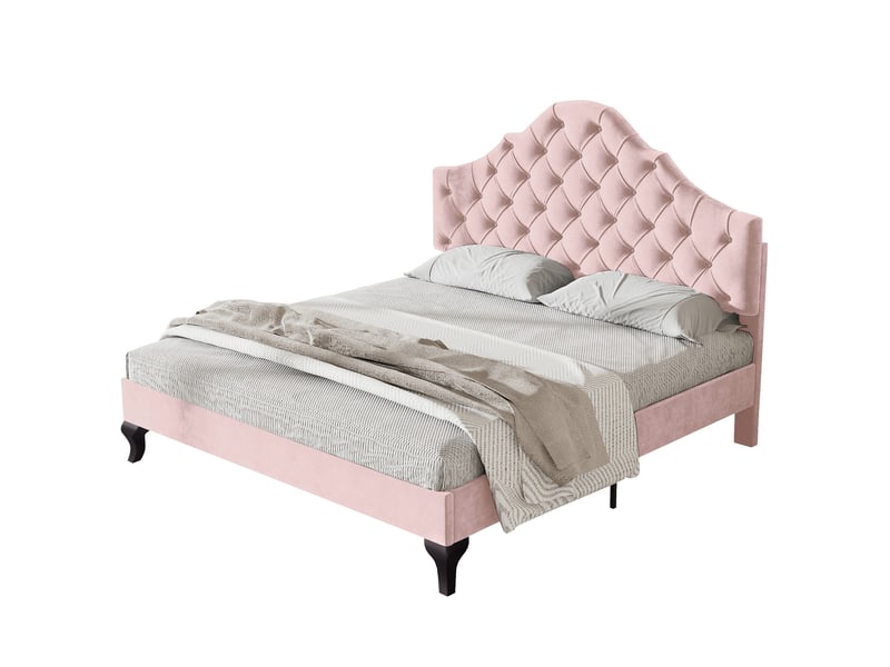  Lit double 200×140 cm avec tête de lit réglable en hauteur et sommier à lattes, en velours rose  - Conforama A